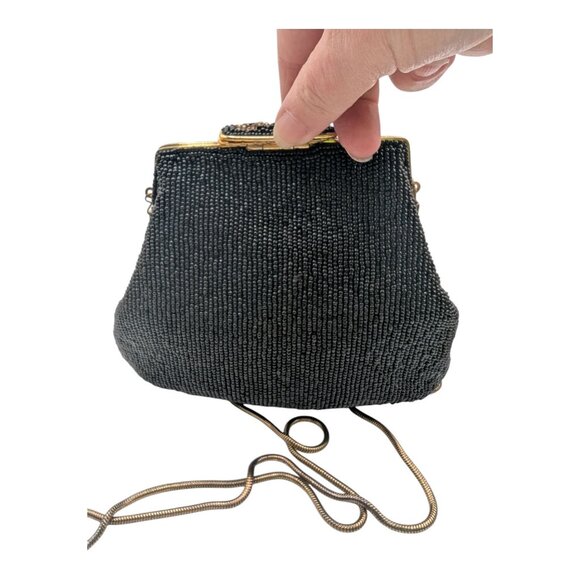 Vintage Beaded Evening Clutch With Metal Hideaway Strap 50-60s Style Black Gold - Picture 7 of 12